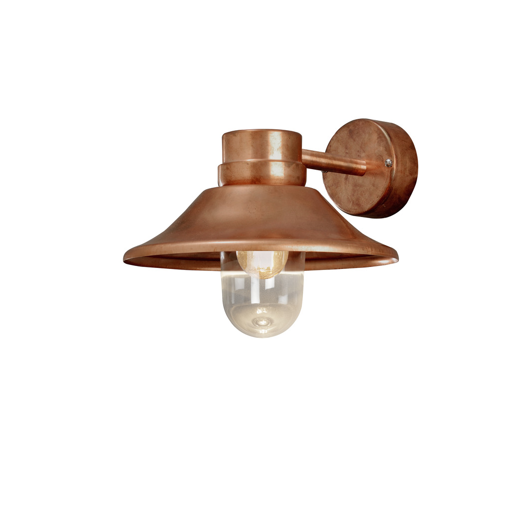 Vega Cobre lámpara de exterior De Konstsmide - La pantalla ancha y la cúpula de cristal transparente emiten una luz agradable y dirigida, lo que hace que la lámpara sea perfecta para entradas y patios.