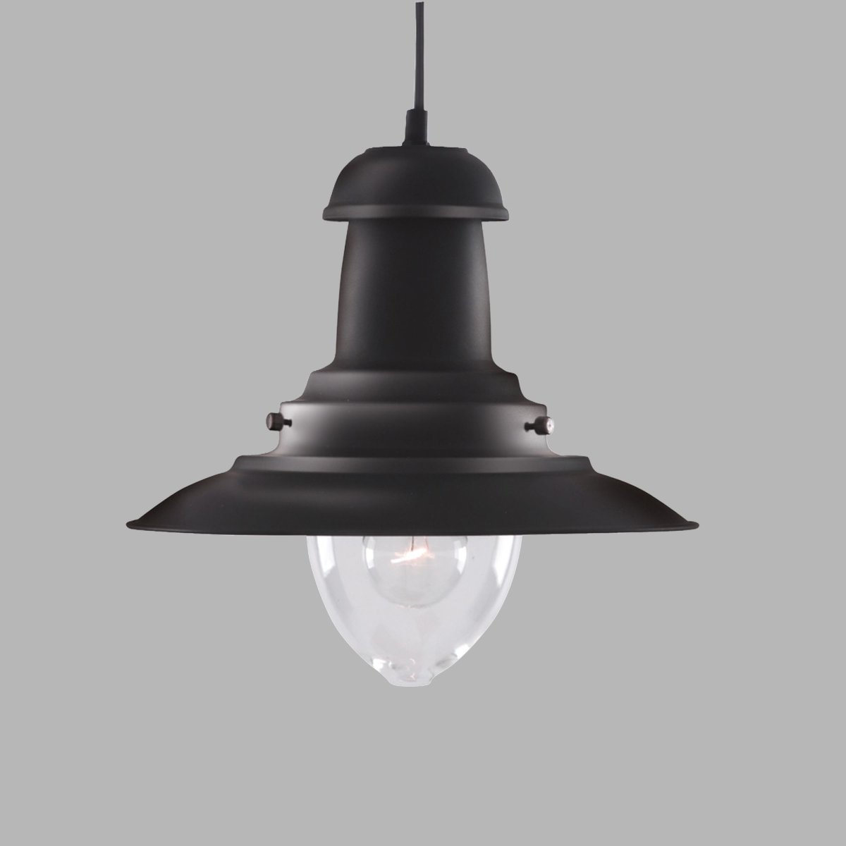 Fisherman Ø32 Negro Lámpas de techo De Searchlight - La lámpara de techo Fisherman en color negro con pantalla de cristal transparente es una lámpara robusta de estilo industrial clásico.