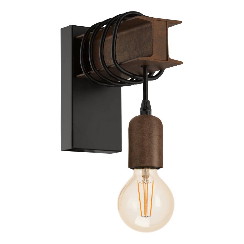 Townshend Marrón lámpara de pared De Eglo - Los robustos detalles de color &oacute;xido y el cable visible le dan a la l&aacute;mpara un toque r&uacute;stico, mientras que la bombilla expuesta subraya el estilo industrial.