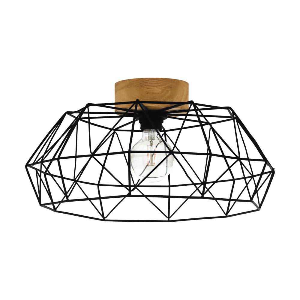 Padstow Ø45.5 Negro plafón De Eglo - Con un marco de metal negro en un llamativo diseño poligonal y un detalle de madera natural que contrasta con el estilo industrial, esta lámpara se convierte en una obra de arte en sí misma.