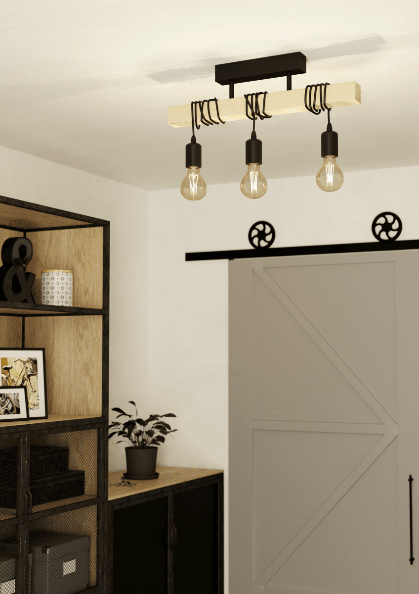 Townshend 55cm Madera plafón De Eglo - Los tres cables con casquillos E27 se enrollan alrededor de la viga de madera, lo que permite ajustar la altura y expresar tu estilo personal mediante la torsi&oacute;n de los cables.