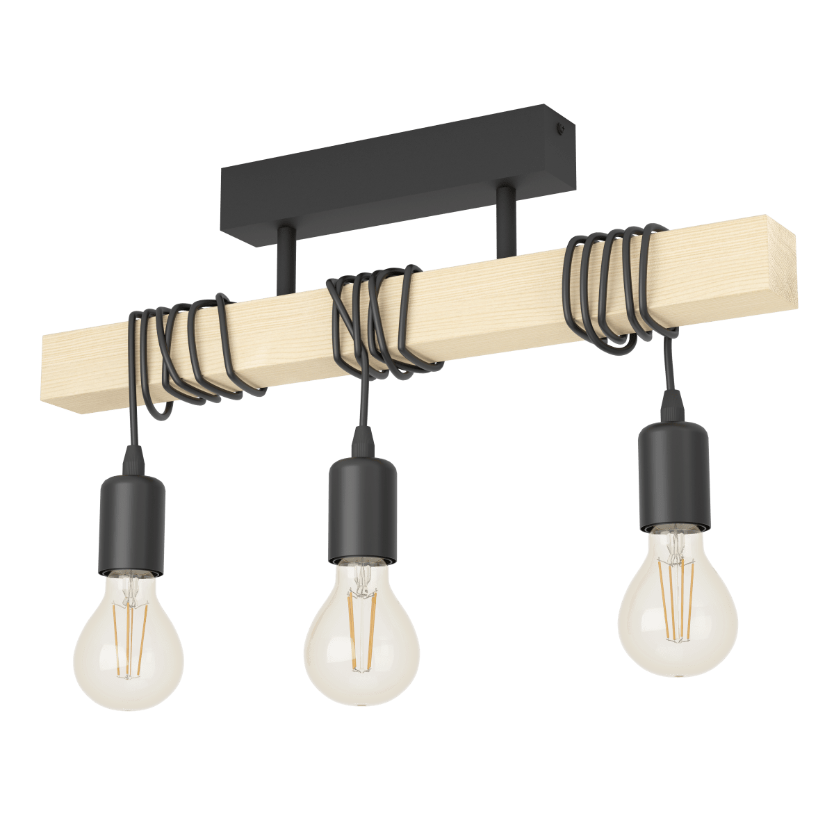 Townshend 55cm Madera plafón De Eglo - Los tres cables con casquillos E27 se enrollan alrededor de la viga de madera, lo que permite ajustar la altura y expresar tu estilo personal mediante la torsi&oacute;n de los cables.