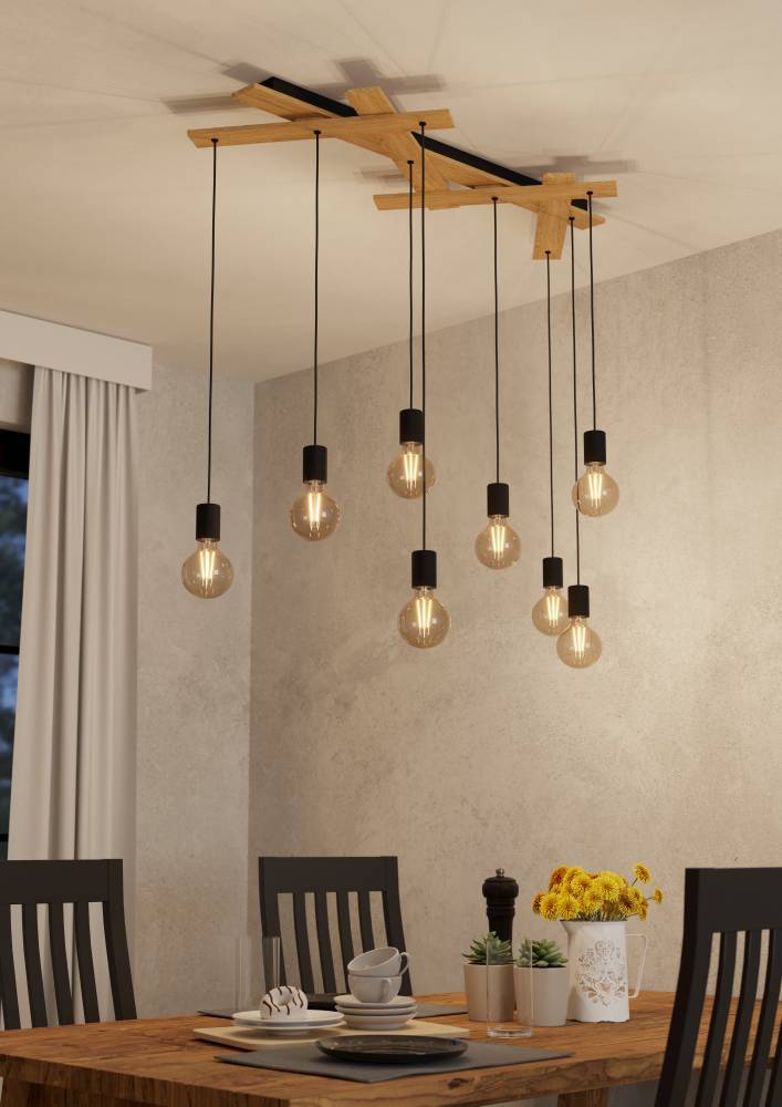 Monmount 108cm Negro Lámpas de techo De Eglo - Las l&aacute;mparas colgadas a diferentes alturas y el marco de madera de forma geom&eacute;trica crean un juego de luz &uacute;nico y din&aacute;mico.