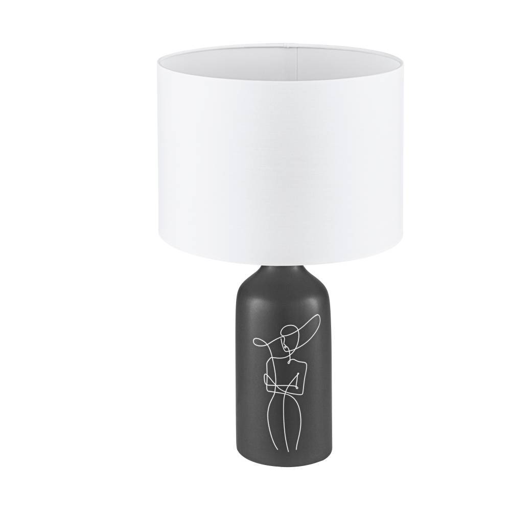 Vinoza 53cm Negro lámpara de mesa De Eglo - Con una base negra decorada con líneas minimalistas que representan a una mujer con sombrero, la lámpara añade un toque sofisticado y artístico a su hogar.