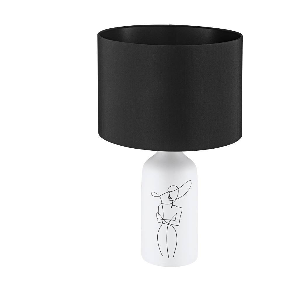 Vinoza 53cm Blanco lámpara de mesa De Eglo - Con una base blanca decorada con líneas minimalistas que representan a una mujer con sombrero, la lámpara añade un toque sofisticado y artístico a su hogar.