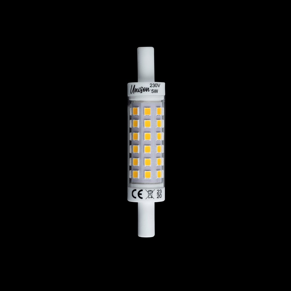 LED R7s 78mm 3000K 5W Transparente De Unison - Es ideal para la iluminación general y proporciona una luz brillante y agradable consumiendo poca energía.