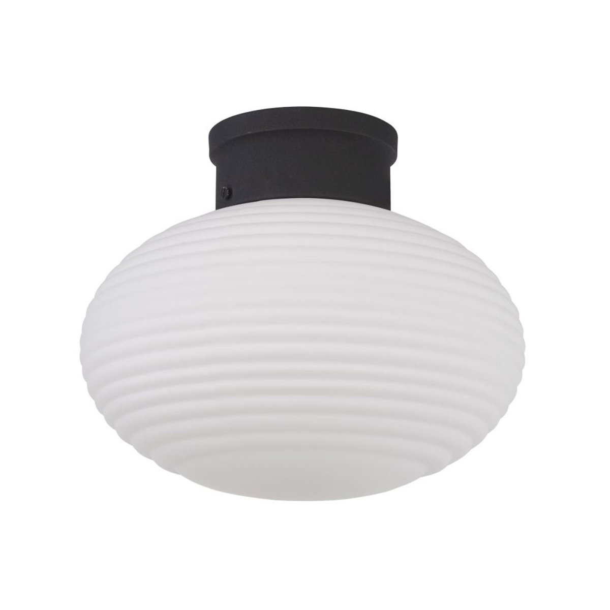 Nova Ø30 Negro plafón De Oriva - El cristal opalino de la lámpara emite una luz suave y los detalles negros crean un hermoso contraste que le da un aspecto sofisticado.