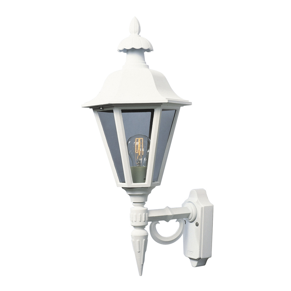 Pallas Blanco lámpara de exterior De Konstsmide - Con su diseño en forma de linterna y paneles de vidrio transparente, la lámpara emite una luz cálida y acogedora que es perfecta para entradas, patios y pasillos.