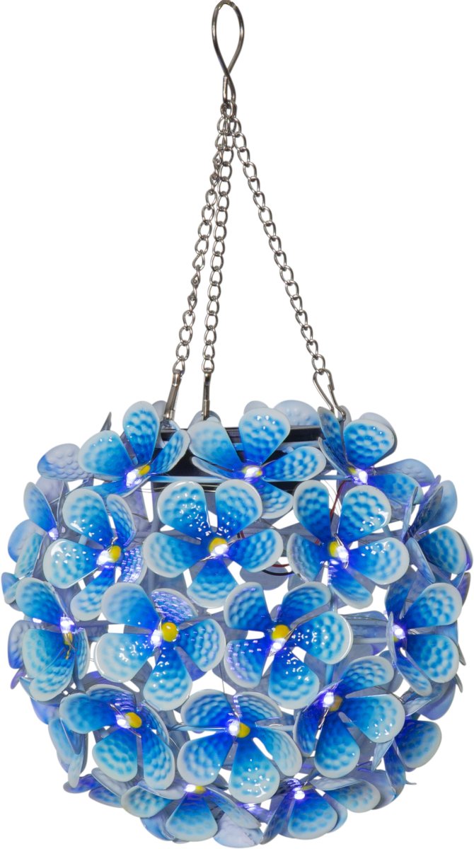 Hortensia Azul lámpara solar De Star Trading - Hermosa decoraci&oacute;n de c&eacute;lulas solares en forma de flor azul colgante.