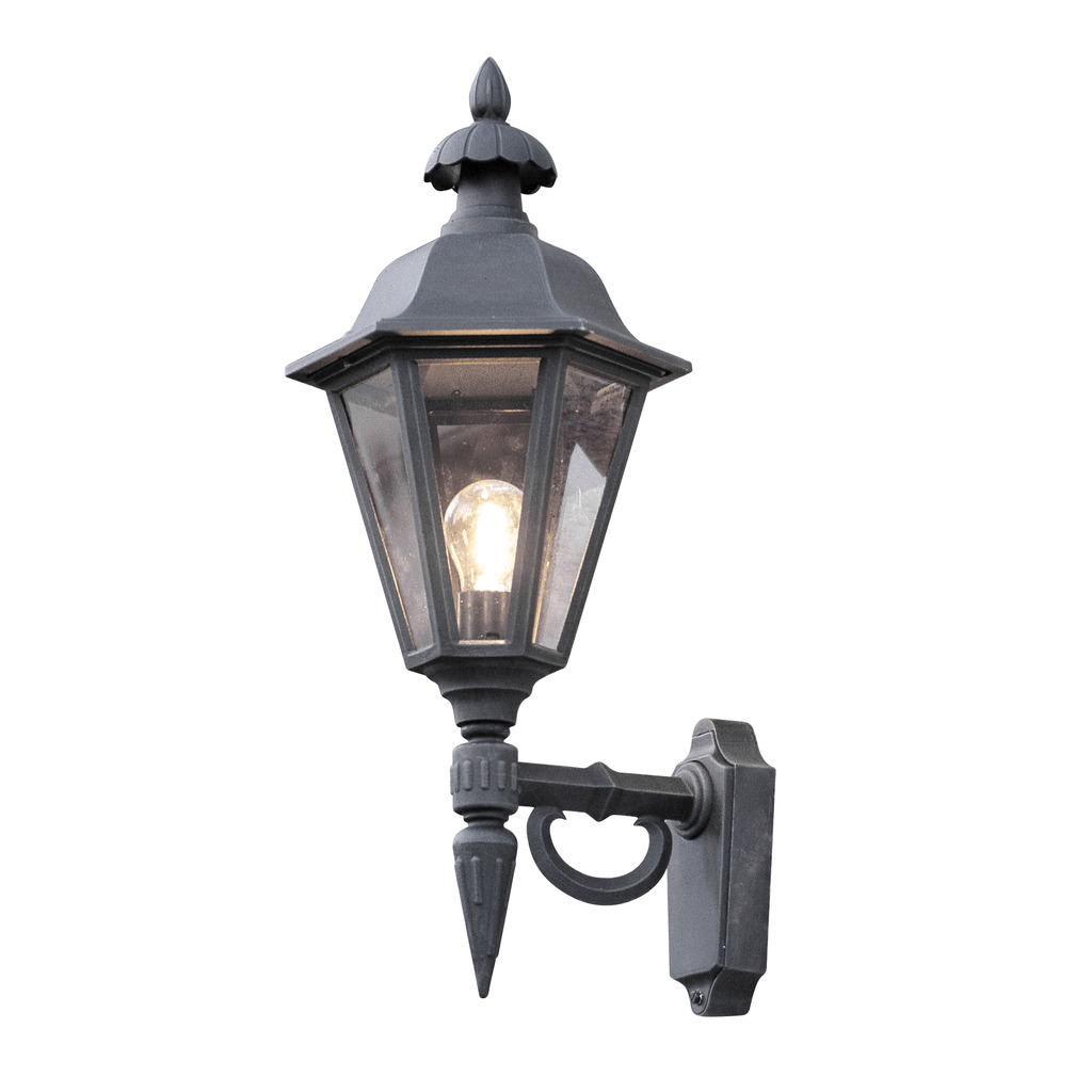 Pallas Negro lámpara de exterior De Konstsmide - Con su diseño en forma de linterna y paneles de vidrio transparente, la lámpara emite una luz cálida y acogedora que es perfecta para entradas, patios y pasillos.