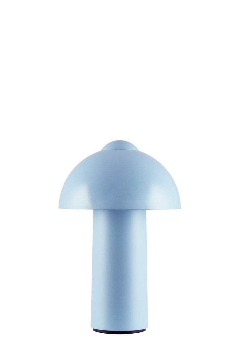 Buddy 25cm azul claro portátil De Globen Lighting - El bot&oacute;n t&aacute;ctil en la parte superior permite encenderla y apagarla f&aacute;cilmente, adem&aacute;s de ajustar el brillo de forma continua.