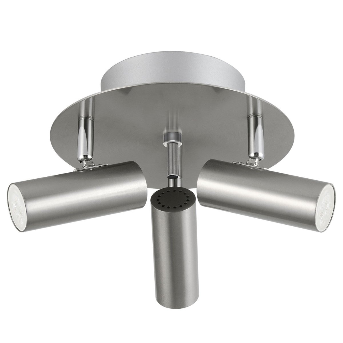 Mini 3 níquel satinado foco de techo De Oriva - Mini lámpara de techo fabricada en metal con acabado níquel satinado que incorpora tres focos orientables que proporcionan una iluminación flexible y eficaz.