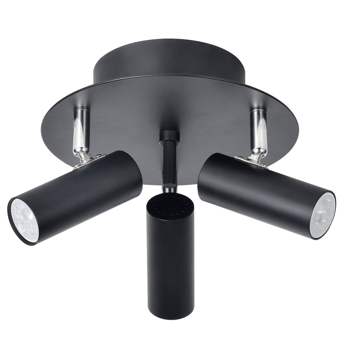 Mini 3 Negro foco de techo De Oriva - Mini lámpara de techo fabricada en metal negro con detalles cromados cuenta con tres focos orientables que proporcionan una iluminación flexible y eficaz.