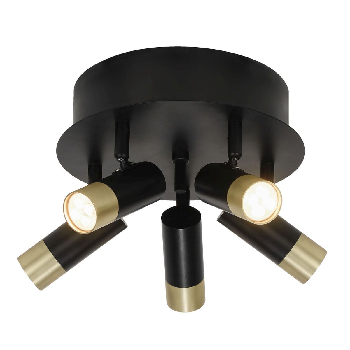 Mini 5 Oro negro foco de techo De Oriva - Mini lámpara de techo fabricada en metal negro con detalles dorados cuenta con cinco focos orientables que proporcionan una iluminación flexible y eficaz.