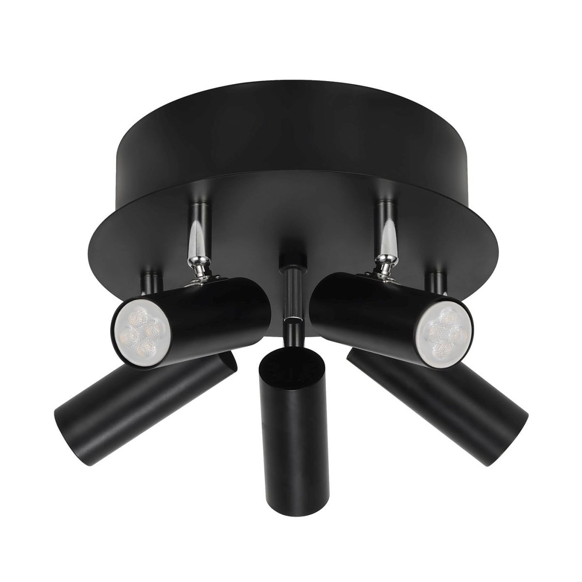 Mini 5 Negro foco de techo De Oriva - Mini lámpara de techo fabricada en metal negro con detalles cromados cuenta con cinco focos orientables que proporcionan una iluminación flexible y eficaz.