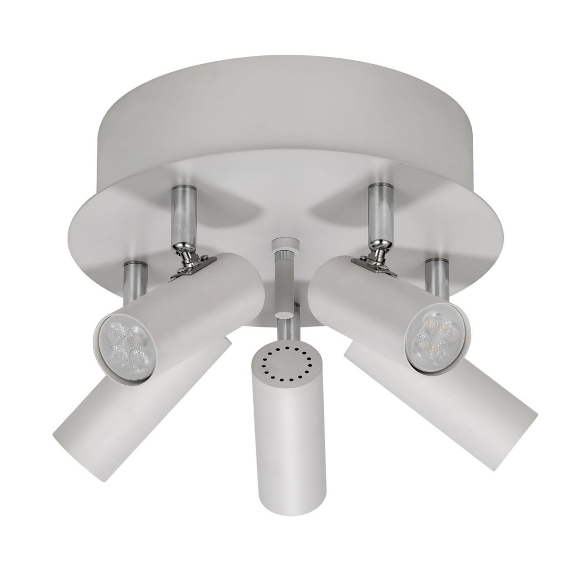Mini 5 Blanco foco de techo De Oriva - Mini lámpara de techo realizada en metal blanco con detalles cromados incorpora cinco focos orientables que proporcionan una iluminación flexible y eficaz.