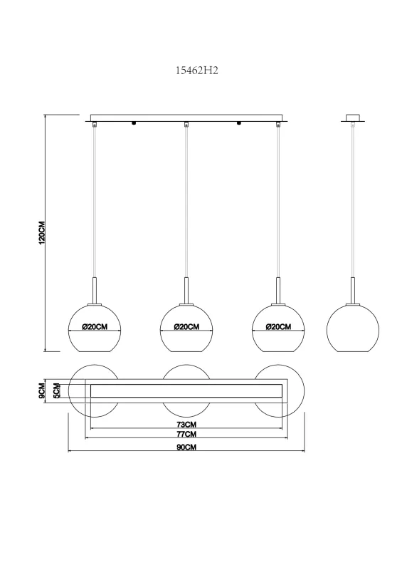 Adara 140cm Oro Lámpas de techo De Globo Lighting - De tre glasgloberna h&auml;nger i justerbara rep och kan anpassas i h&ouml;jd upp till 1,2 meter, vilket ger flexibilitet i belysningen.