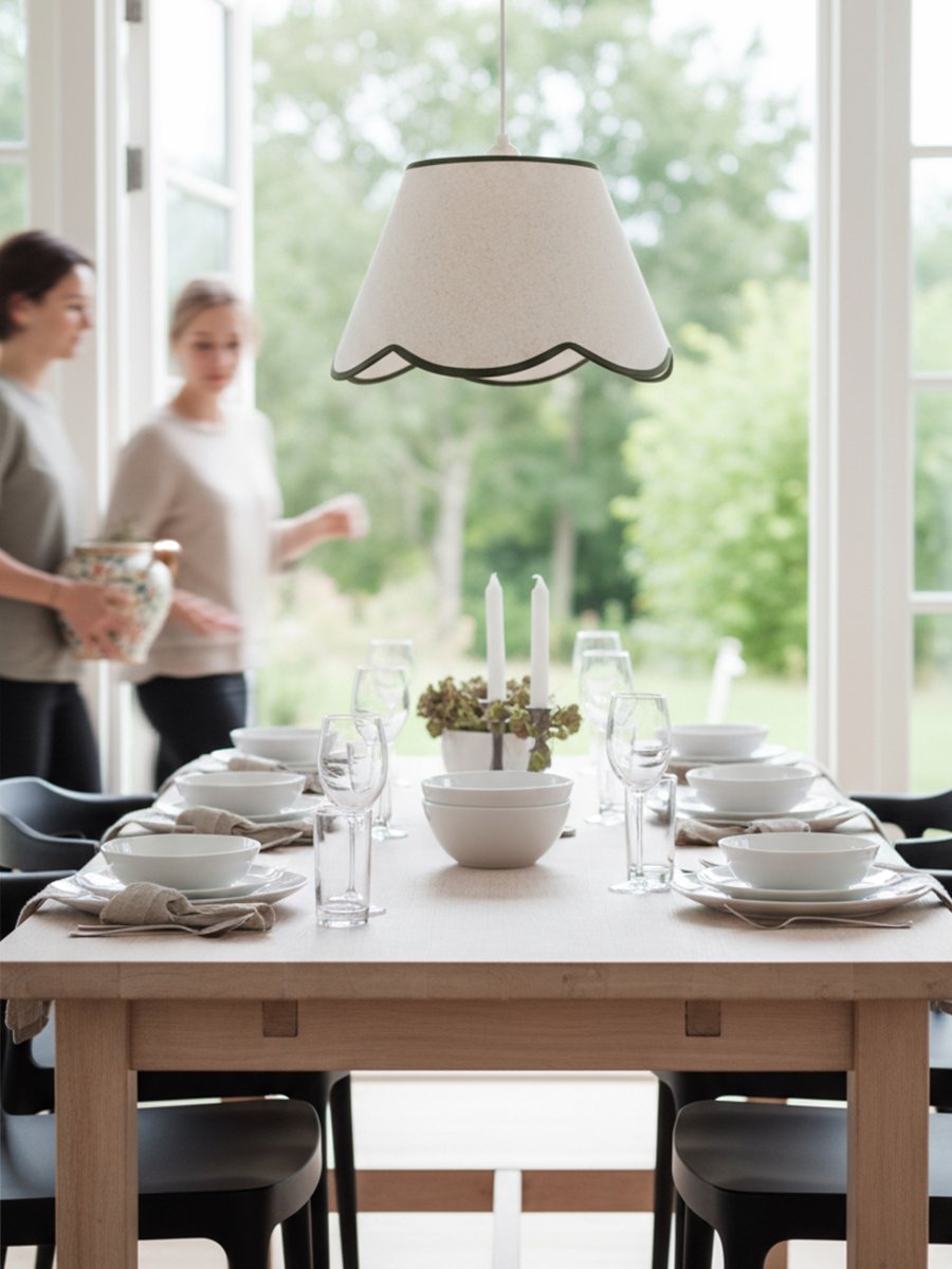 Nell Ø35 Beige/verde Lámpas de techo De PR Home - Su textura suave y su borde inferior decorativo, ondulado y de color verde oscuro, le confieren un aspecto elegante y armonioso, ideal tanto para espacios contempor&aacute;neos como tradicionales.