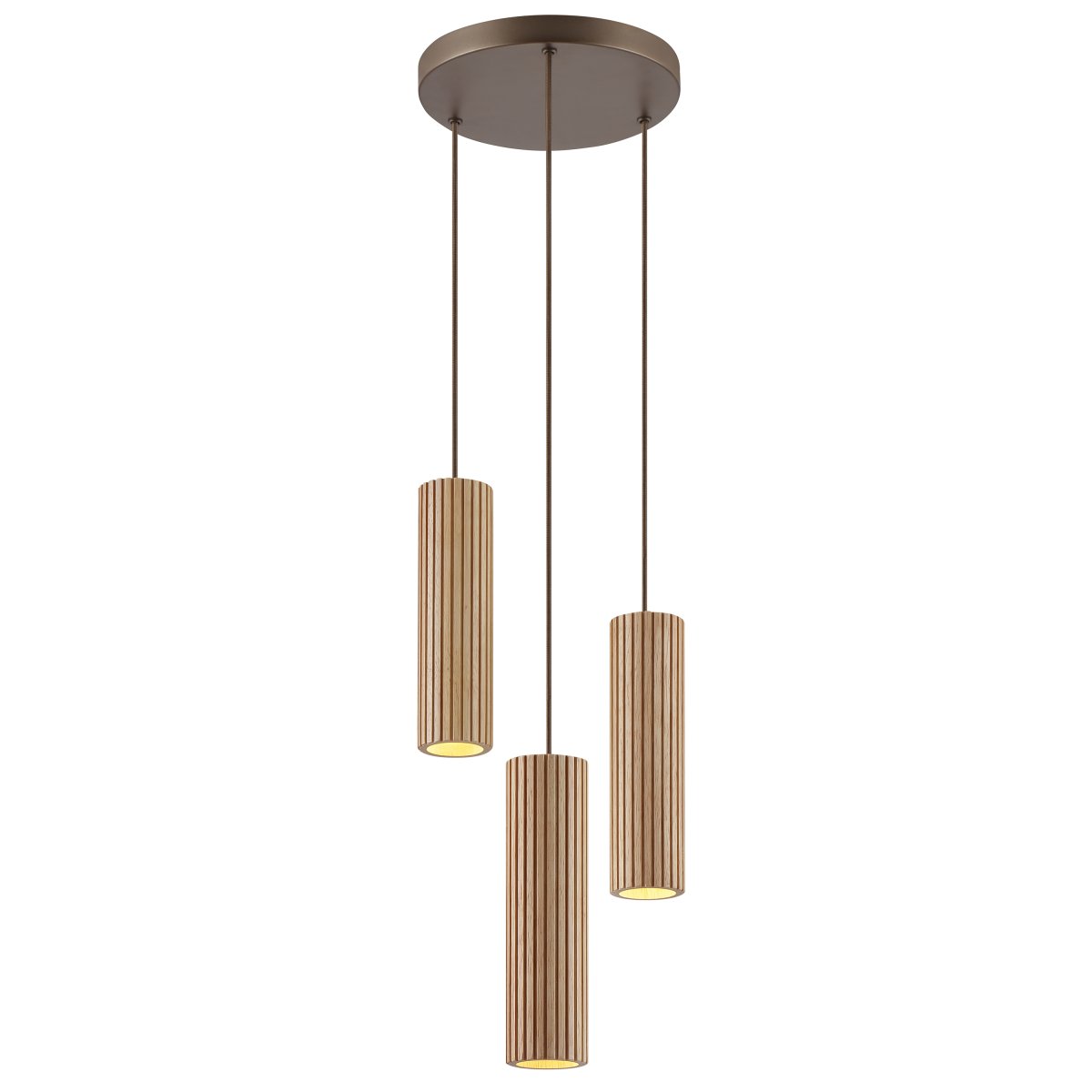 Lakewood Ø28 Madera Lámpas de techo De Brilliant - La lámpara colgante Lakewood combina metal marrón con tres pantallas cilíndricas de madera acanalada, creando un ambiente cálido y natural en cualquier estancia.