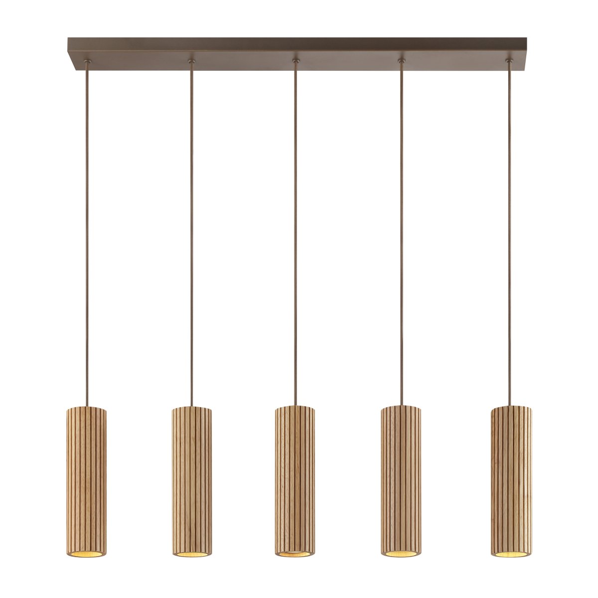Lakewood 95cm Madera Lámpas de techo De Brilliant - Las cinco pantallas están dispuestas en fila y su altura se puede ajustar durante la instalación para adaptarla a la habitación y la ubicación deseada.
