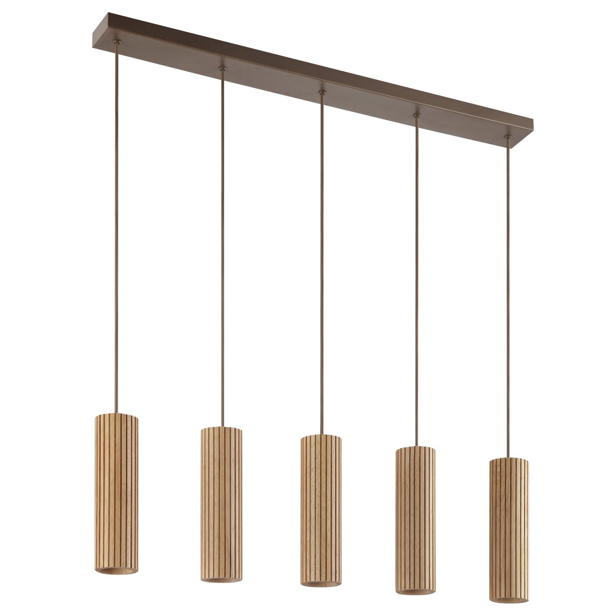 Lakewood 95cm Madera Lámpas de techo De Brilliant - Las cinco pantallas están dispuestas en fila y su altura se puede ajustar durante la instalación para adaptarla a la habitación y la ubicación deseada.