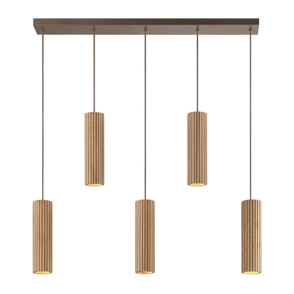 Lakewood 95cm Madera Lámpas de techo De Brilliant - Las cinco pantallas están dispuestas en fila y su altura se puede ajustar durante la instalación para adaptarla a la habitación y la ubicación deseada.