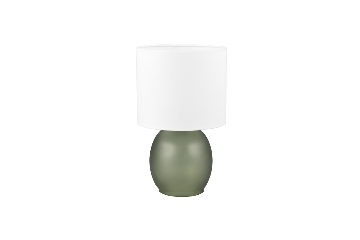 Vela 30cm Verde lámpara de mesa De Trio Lighting - La lámpara de mesa presenta una elegante pantalla de tela y una base de vidrio redondeada y bien formada, que juntas crean una impresión armoniosa.