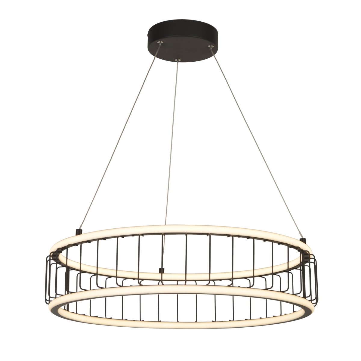 Circolo Ø57 Arena negra Lámpas de techo De Searchlight - Esta lámpara colgante de altura regulable hecha de metal negro y silicona blanca con un diámetro de 58 cm tiene una elegante forma cilíndrica que proporciona luz tanto hacia abajo como hacia arriba.