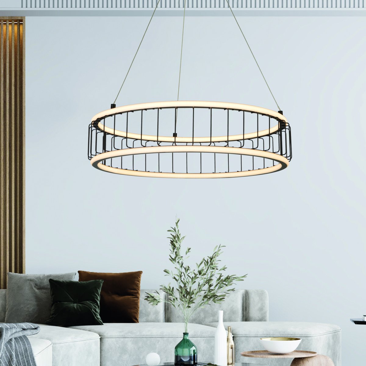 Circolo Ø57 Arena negra Lámpas de techo De Searchlight - Esta lámpara colgante de altura regulable hecha de metal negro y silicona blanca con un diámetro de 58 cm tiene una elegante forma cilíndrica que proporciona luz tanto hacia abajo como hacia arriba.