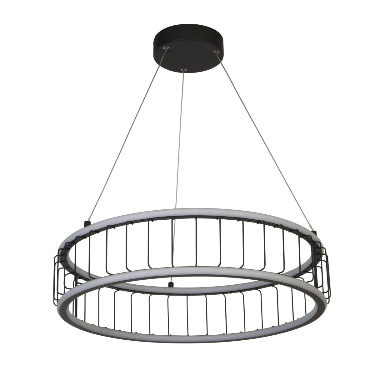 Circolo Ø57 Arena negra Lámpas de techo De Searchlight - Esta lámpara colgante de altura regulable hecha de metal negro y silicona blanca con un diámetro de 58 cm tiene una elegante forma cilíndrica que proporciona luz tanto hacia abajo como hacia arriba.