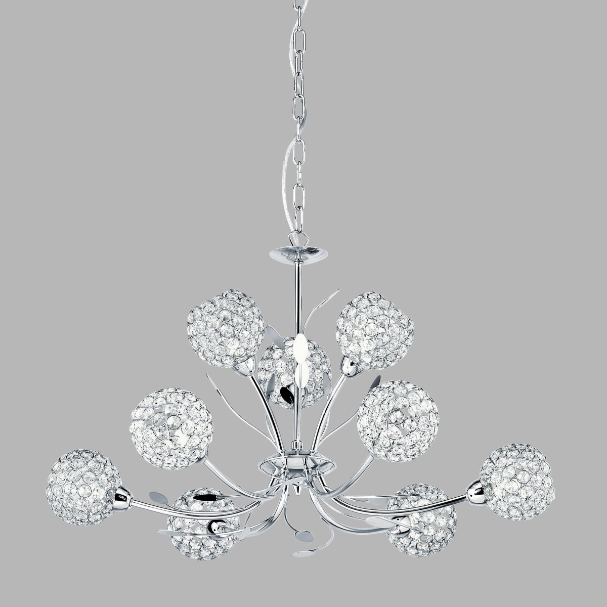 Bellis Ø68 Cromo Lámpas de techo De Searchlight - La l&aacute;mpara de hermoso dise&ntilde;o presenta una decoraci&oacute;n de hojas y nueve esferas en forma de flor hechas de cromo y vidrio transparente que difunden la luz.