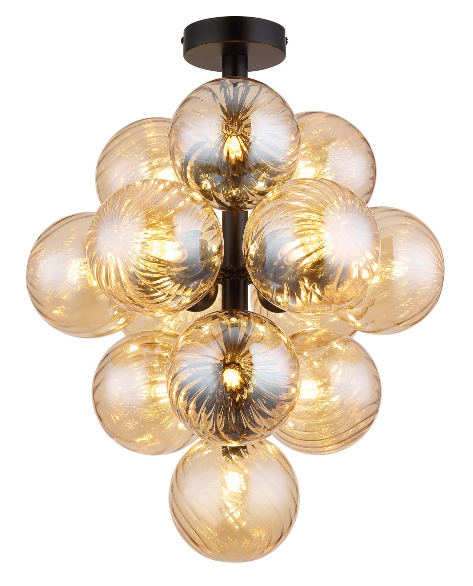 Conor Ø40 Ámbar plafón De Globo Lighting - Den har 13st dekorativa ambertonade glaskupor som alla omfamnar en ljusk&auml;lla vilket skapar en fin och harmonisk ljusspridning i rummet.