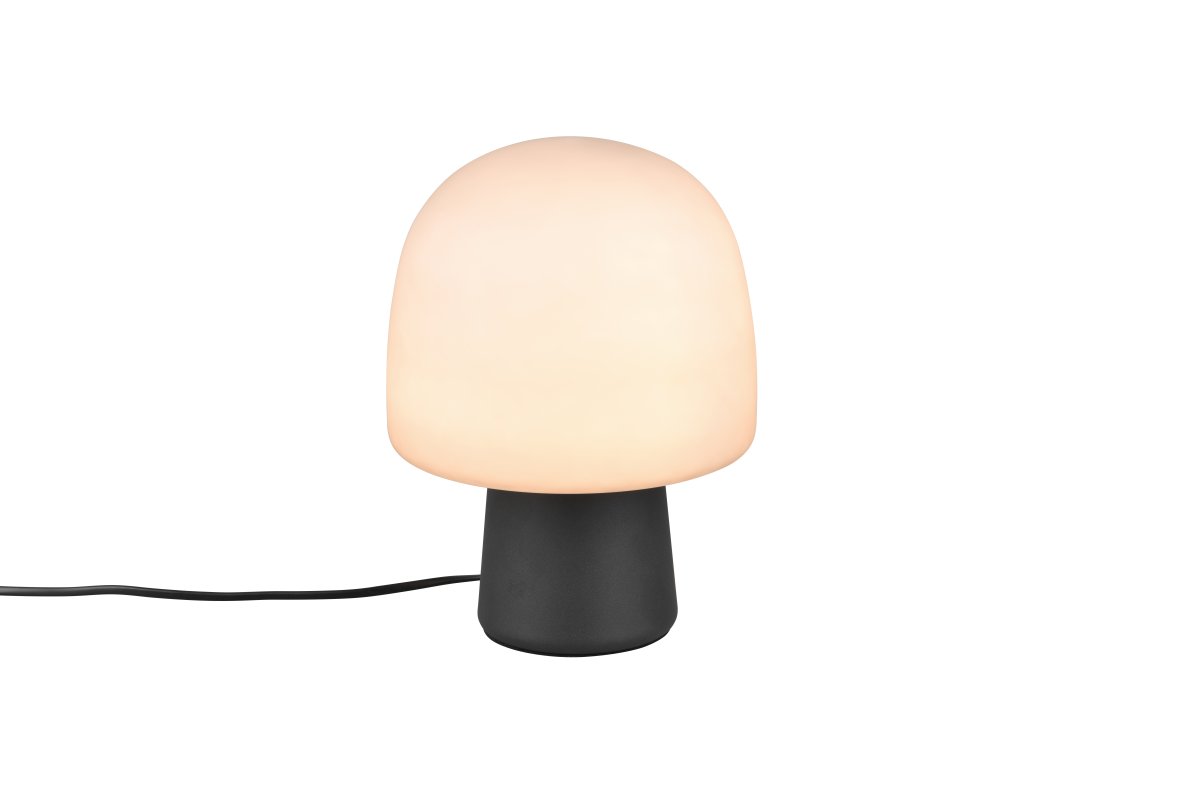 Steen 27cm Negro lámpara de mesa De Trio Lighting - Con su silueta en forma de hongo y la combinación de una base negra mate y una pantalla de cristal de color topo, se convierte en un elegante elemento llamativo en cualquier estancia.