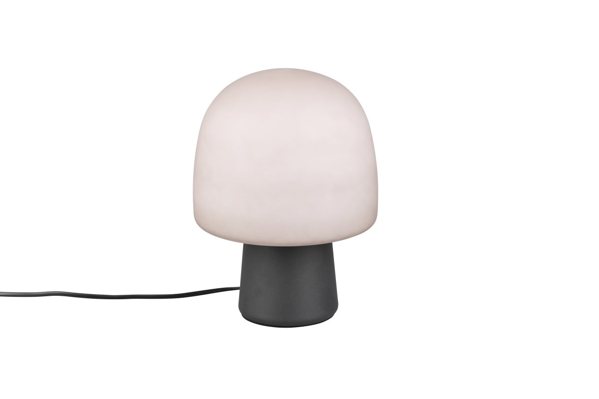 Steen 27cm Negro lámpara de mesa De Trio Lighting - Con su silueta en forma de hongo y la combinación de una base negra mate y una pantalla de cristal de color topo, se convierte en un elegante elemento llamativo en cualquier estancia.