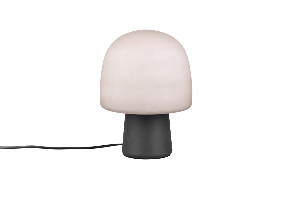 Steen 27cm Negro lámpara de mesa De Trio Lighting - Con su silueta en forma de hongo y la combinación de una base negra mate y una pantalla de cristal de color topo, se convierte en un elegante elemento llamativo en cualquier estancia.