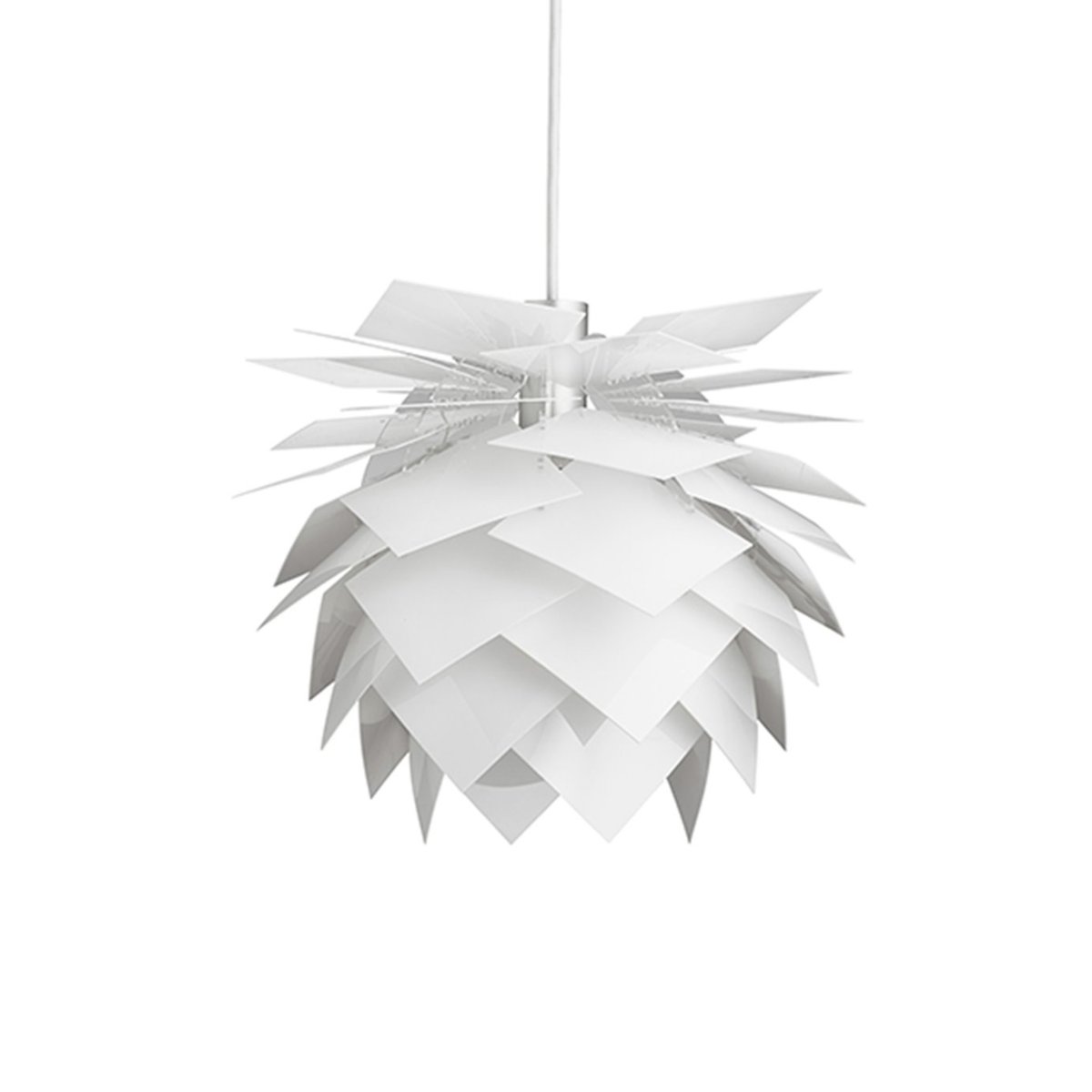 Imagen ampliada de Pineapple Ø35 Blanco Lámpas de techo De Dyberg Larsen - Con su forma innovadora y artística, inspirada en la estructura de la piña, difunde una luz suave y agradable a través de sus capas de paneles blancos.