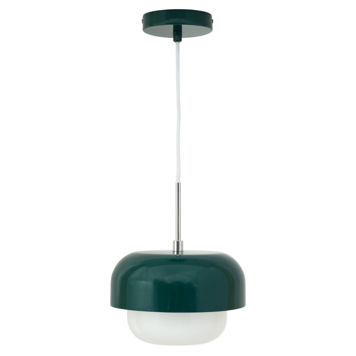 Haipot Ø23 Verde oscuro Lámpas de techo De Dyberg Larsen - La lámpara Haipot tiene una elegante pantalla de cristal opalino y una pantalla de metal de color verde apagado.