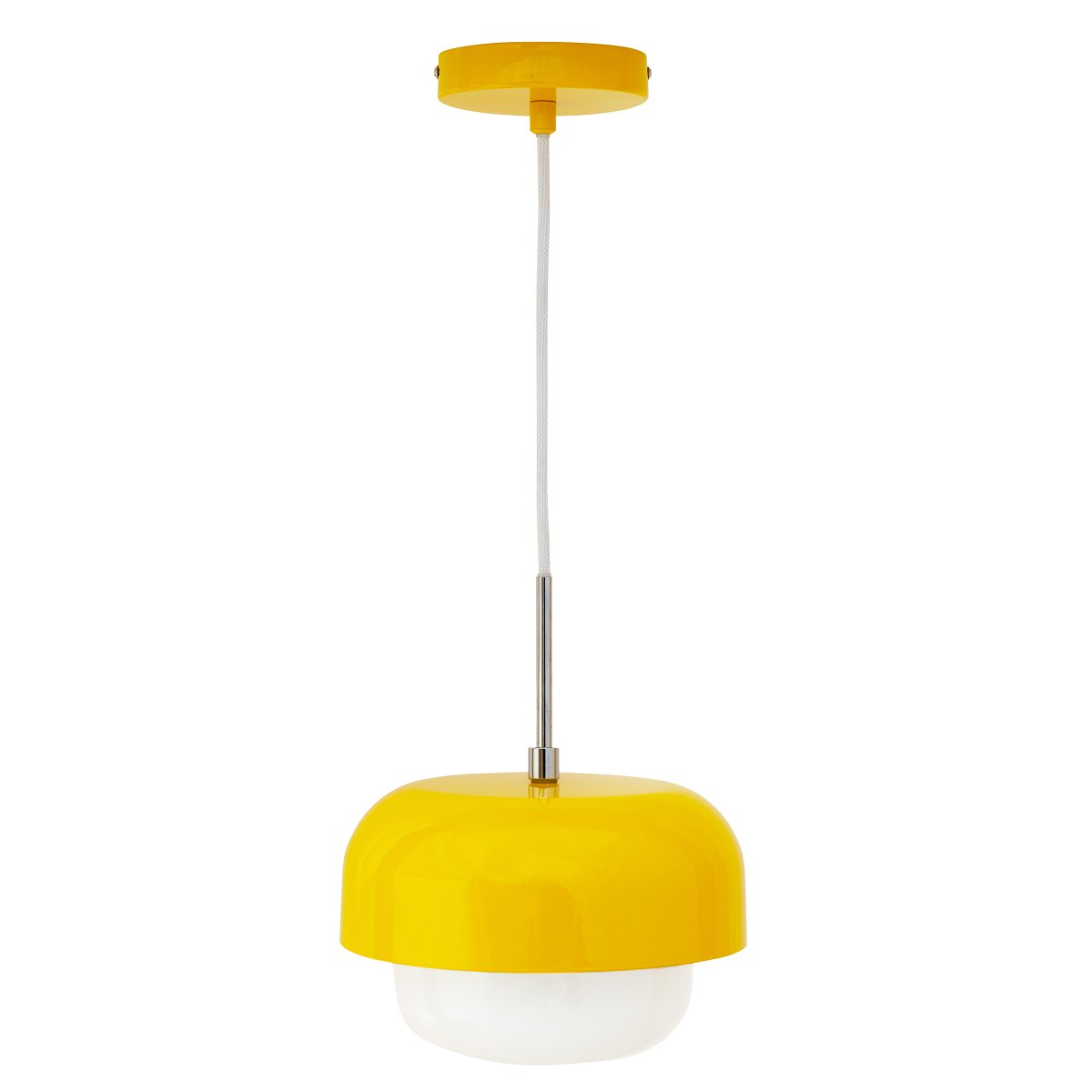 Haipot Ø23 Amarillo Lámpas de techo De Dyberg Larsen - La lámpara Haipot tiene una elegante pantalla de cristal opalino y una pantalla de metal de color amarillo brillante.