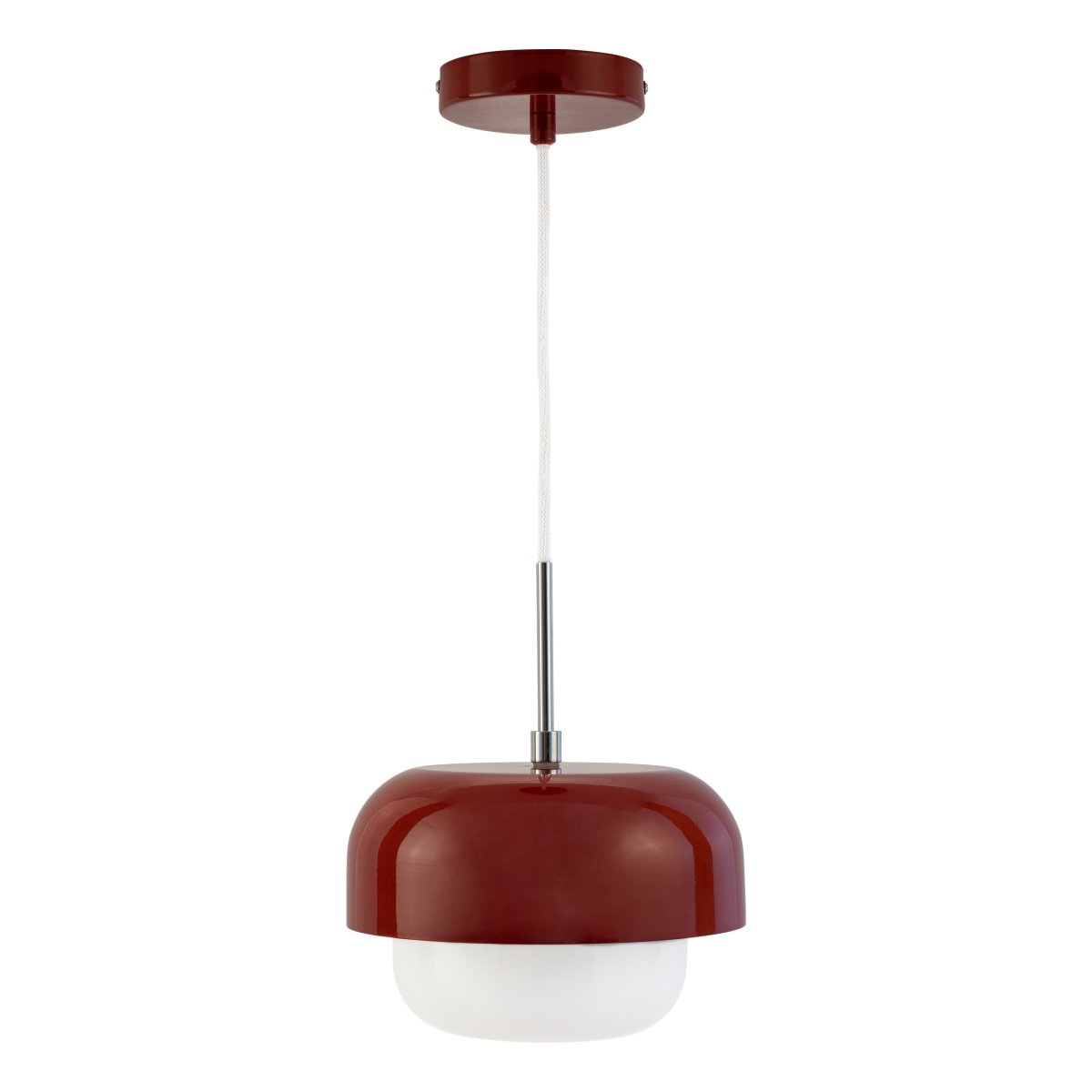 Haipot Ø23 Rojo oscuro Lámpas de techo De Dyberg Larsen - La lámpara Haipot tiene una elegante pantalla de cristal opalino y una pantalla de metal de color rojo apagado.