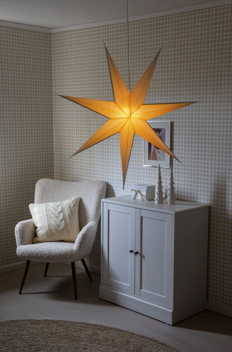 Estrella de papel Ø78 Beige De Konstsmide - Con sus siete puntas y un generoso diámetro de 78 cm, se convierte en un hermoso punto focal en la ventana o habitación.