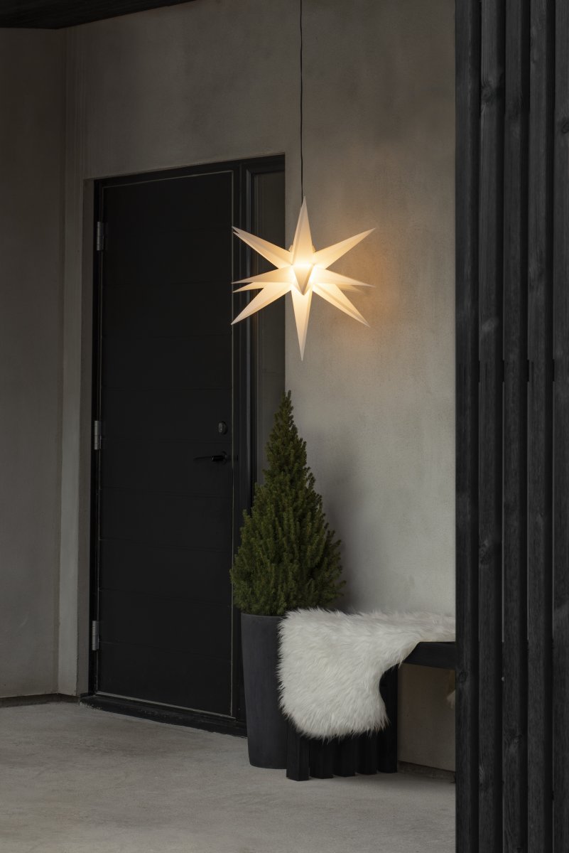 Estrella 3D Ø60 Blanco De Konstsmide - Incluye un casquillo G4, una bombilla LED G4 reemplazable, un cable de pl&aacute;stico negro de 5 metros y un transformador.