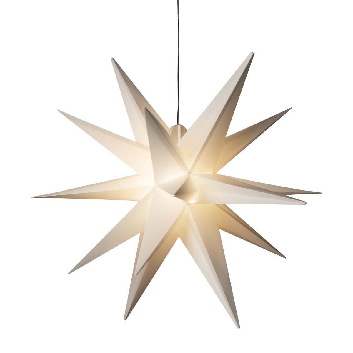 Estrella 3D Ø80 Blanco De Konstsmide - Incluye un casquillo G4, una bombilla LED G4 reemplazable, un cable de pl&aacute;stico negro de 5 metros y un transformador.