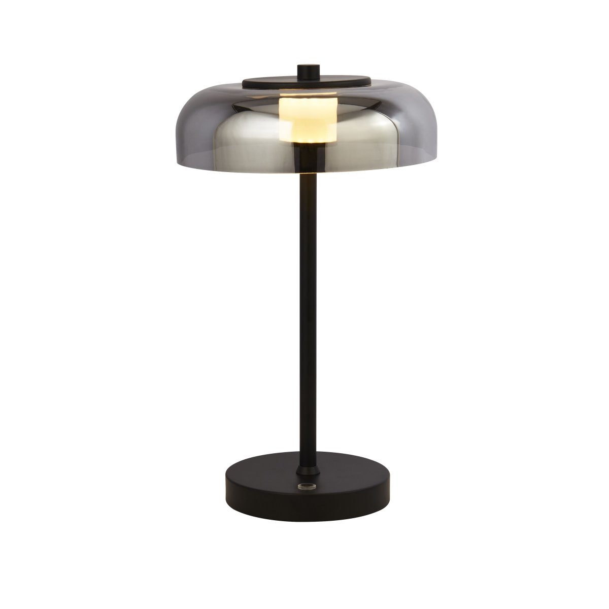 Frisbee 40cm Negro lámpara de mesa De Searchlight - Con su diseño único y futurista y su pantalla metálica, emite una luz agradable y suave que crea un ambiente relajante.