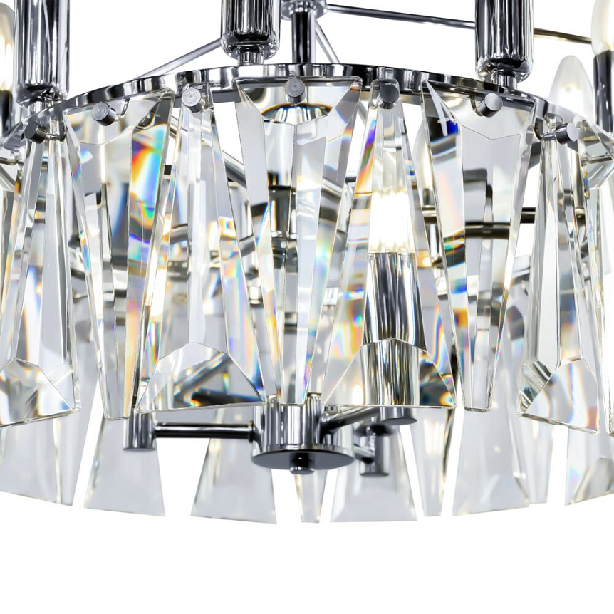 Puntes Ø77 Cromo cristal De Maytoni - Puntes es una elegante l&aacute;mpara de techo realizada en metal cromado con prismas brillantes que rodean las fuentes de luz y crean un m&aacute;gico juego de luz cuando se enciende la l&aacute;mpara.