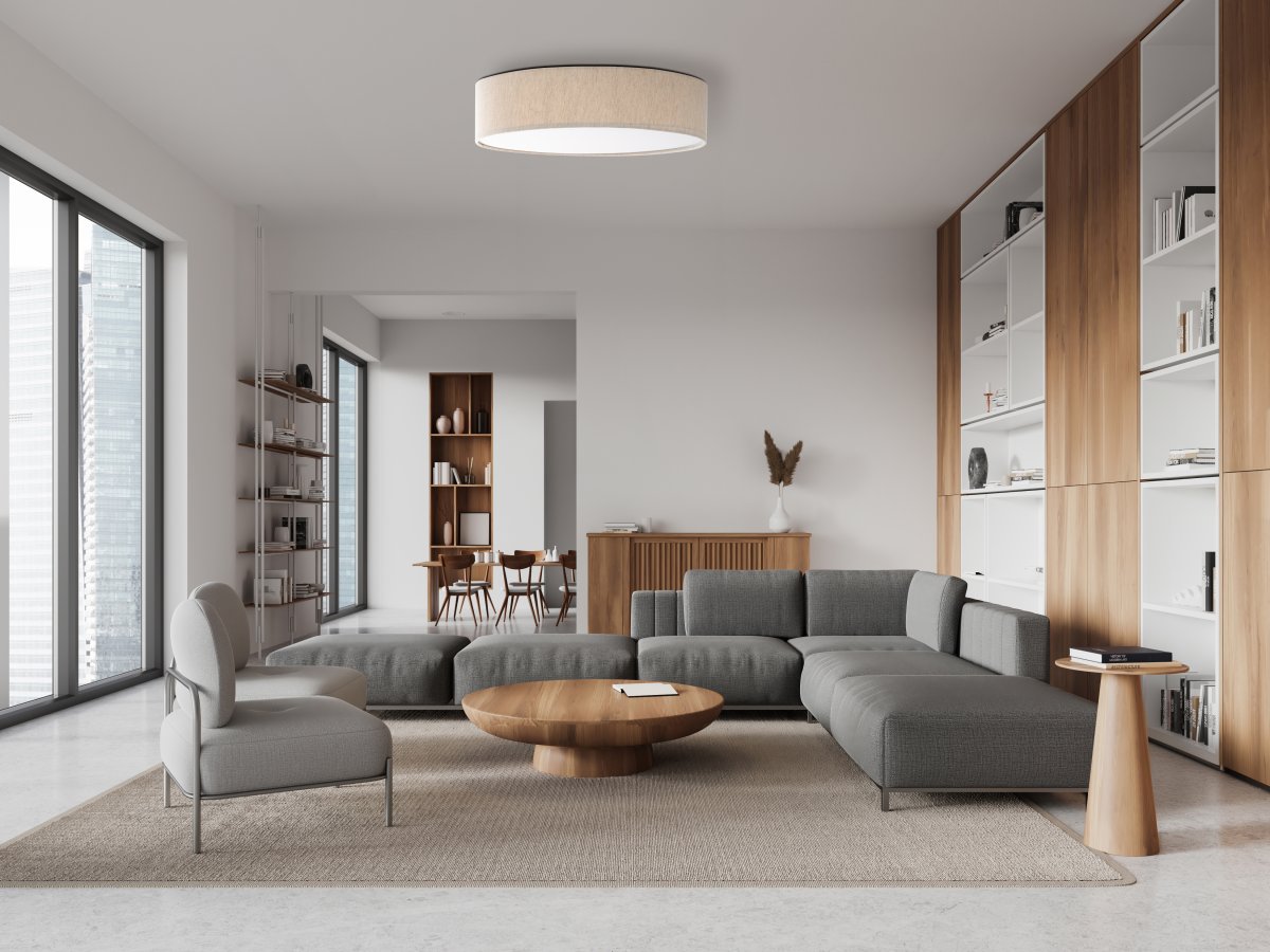 Conny Ø50 Beige plafón De Globo Lighting - Sk&auml;rmen i beige och den vita bottenplattan skapar ett fint och bl&auml;ndfritt ljus i rummet.