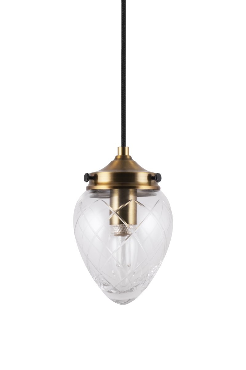 Juni Ø10 Latón antiguo/transparente lámpara de ventana De Globen Lighting - La lámpara cuenta con un cable textil de 350 cm con interruptor y enchufe.