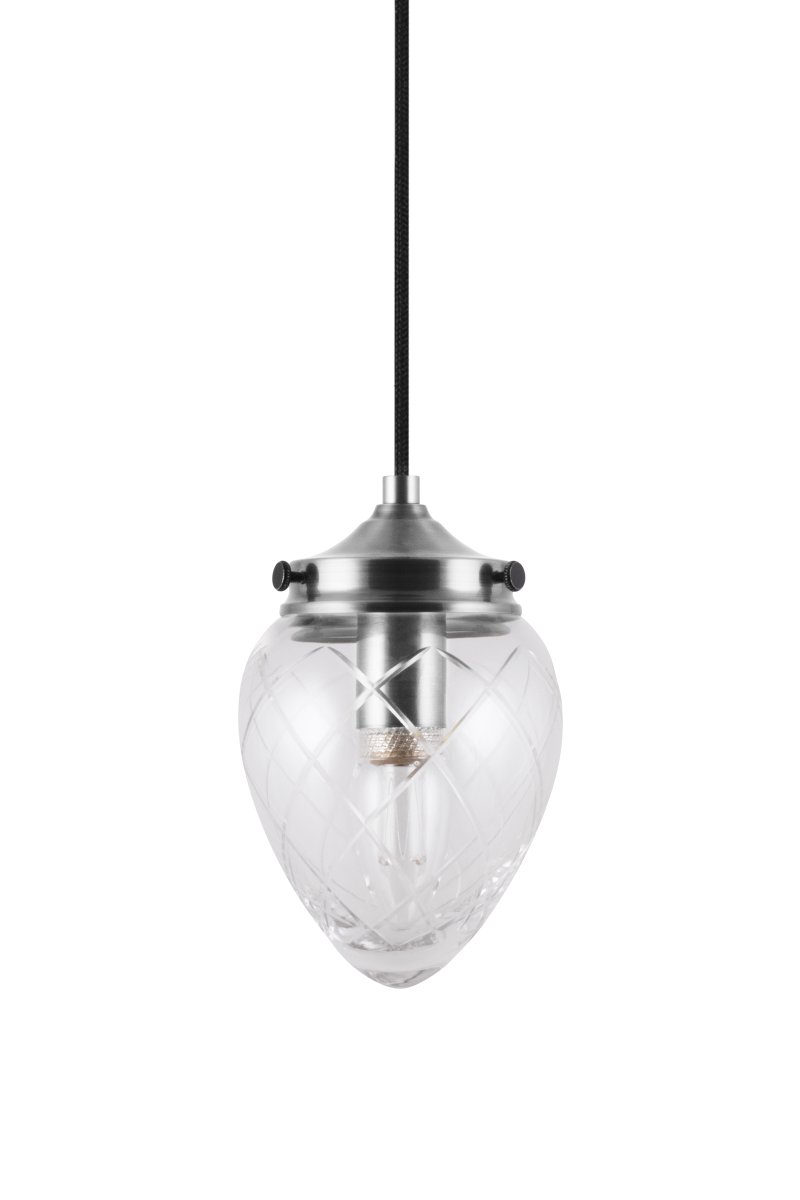 Juni Ø10 Acero antiguo/transparente lámpara de ventana De Globen Lighting - La lámpara cuenta con un cable textil de 350 cm con interruptor y enchufe.
