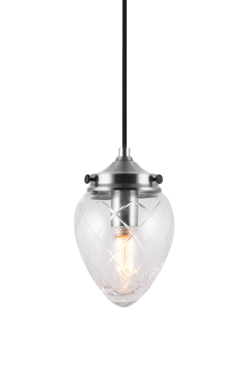 Juni Ø10 Acero antiguo/transparente lámpara de ventana De Globen Lighting - La lámpara cuenta con un cable textil de 350 cm con interruptor y enchufe.