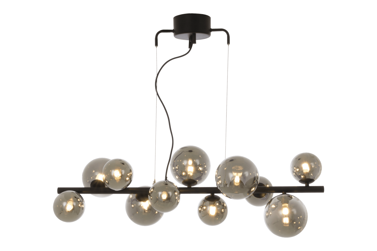 Molekyl 85cm Gris humo Lámpas de techo De Aneta Lighting - Lámpara de techo de moda Molekyl fabricada en metal negro con 11 pantallas de cristal ahumado de diferentes tamaños regulables a&aring; un poste de 85 cm de largo.