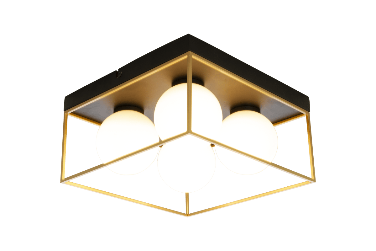 Astro 28cm Negro plafón De Aneta Lighting - L&aacute;mpara de techo Astro realizada en metal lacado en negro con 4 pantallas de cristal blanco opal enmarcadas en la base con detalles dorados.